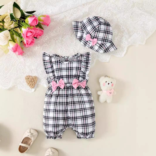 New Baby Girl Bow Plaid Jumpsuit
